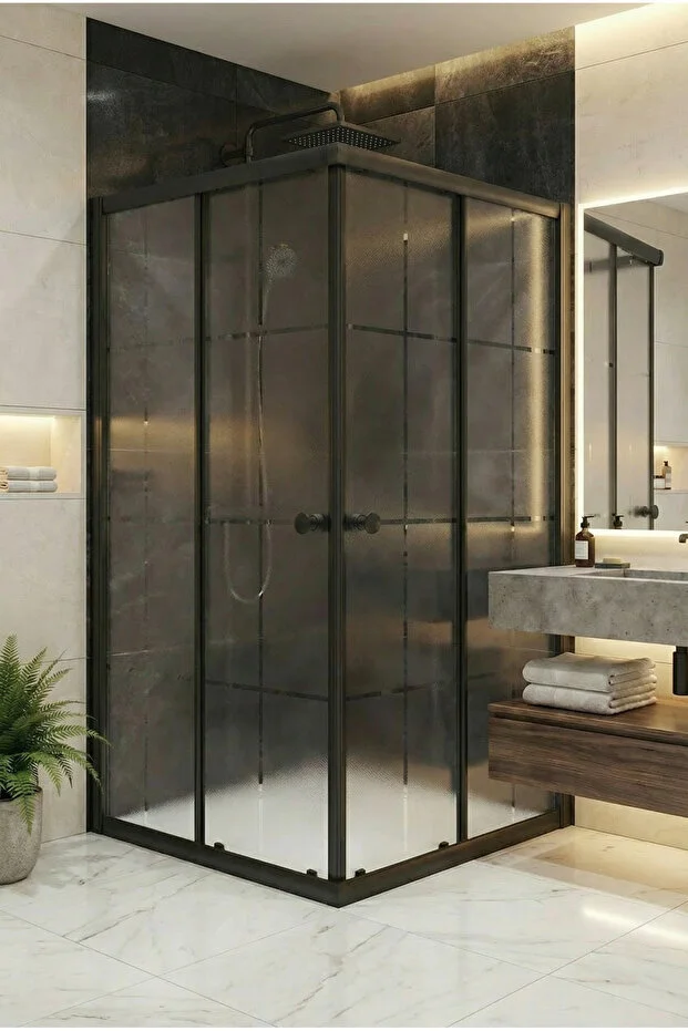 Duşakabin Kare Siyah Kumlama Karomat Desen Cam